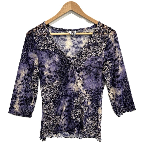 Vintage Yazdi Sheer Floral Mesh Tie Dye Stretch Lace Top Womens Size Small M Y2K - Picture 3 of 13